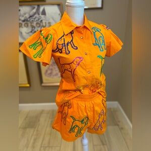 QUEEN OF SPARKLES Orange Sequin Dog Print Shirt and Shorts Set